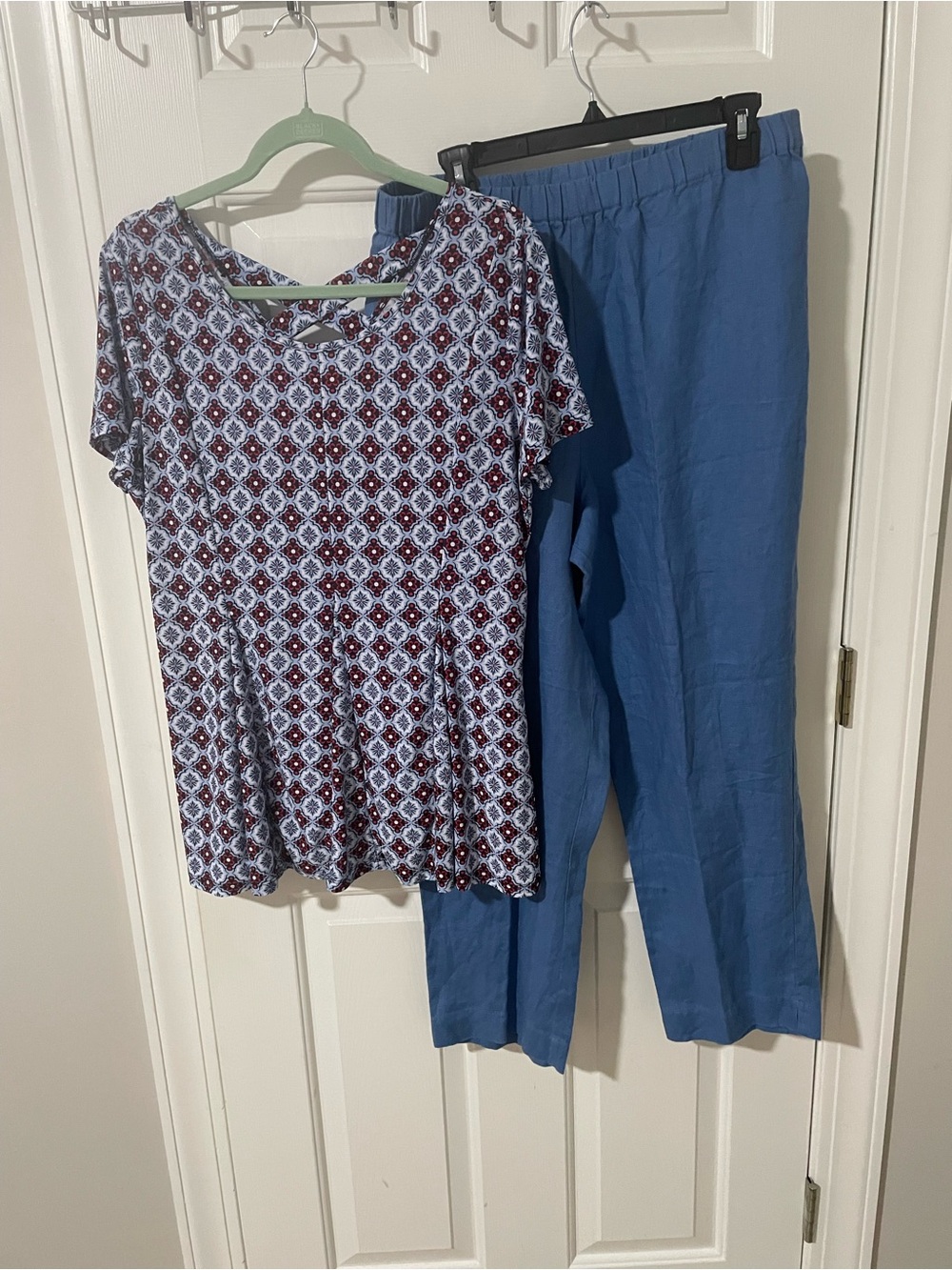 Blue Pull-On Wide-Leg Pants - Women linen hot cotton large top lg Roz & Ali